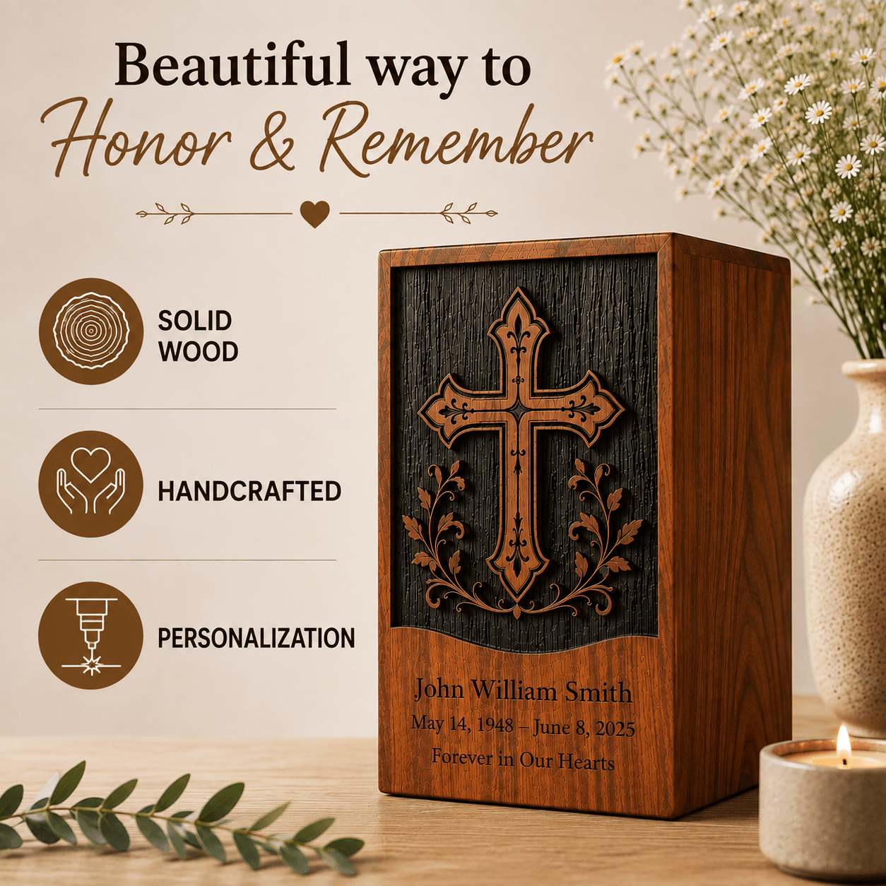 Personalized Cross Wooden Urn for Human Ashes – Adult & Keepsake