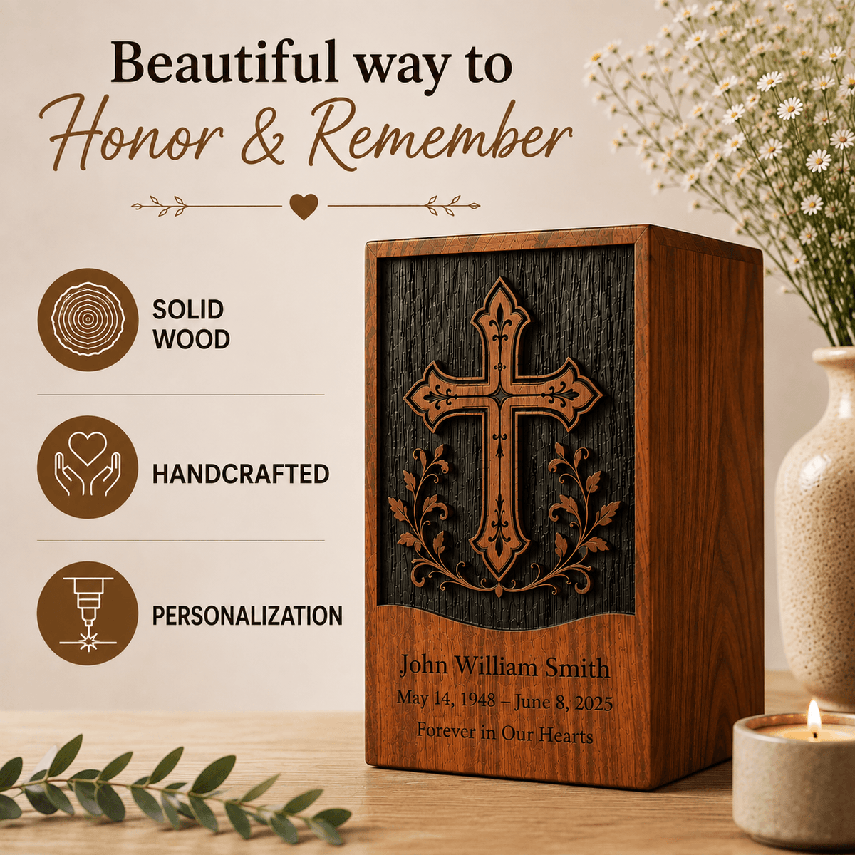 Personalized Cross Wooden Urn for Human Ashes – Adult & Keepsake