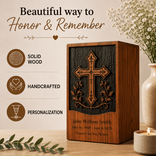 Personalized Cross Wooden Urn for Human Ashes – Adult & Keepsake