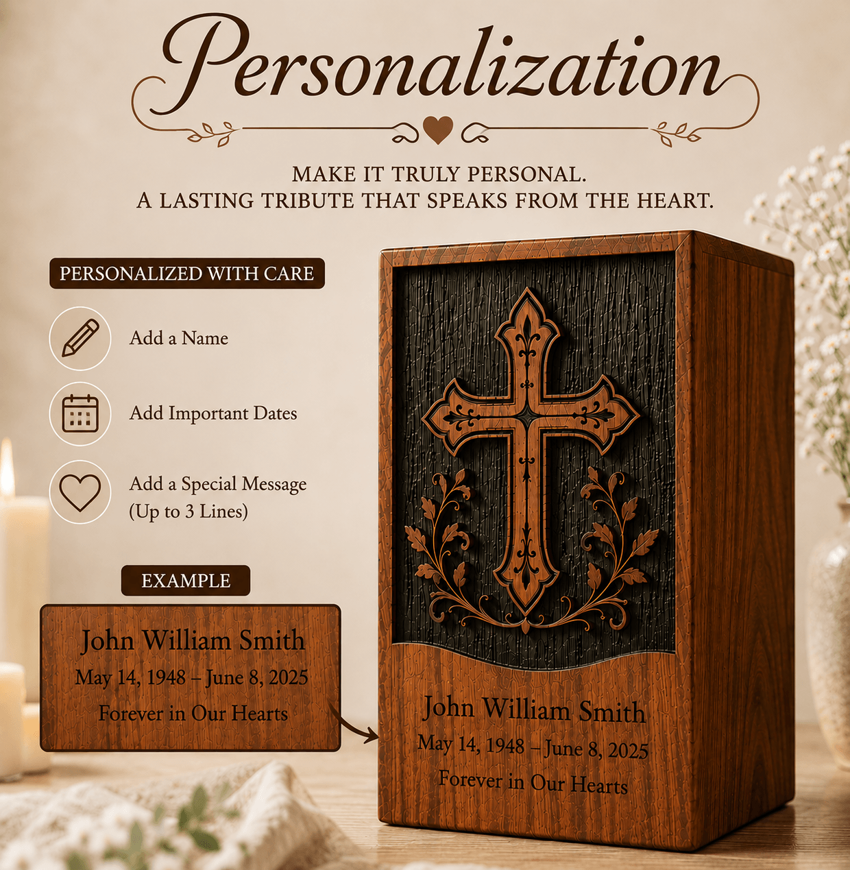 Personalized Cross Wooden Urn for Human Ashes – Adult & Keepsake