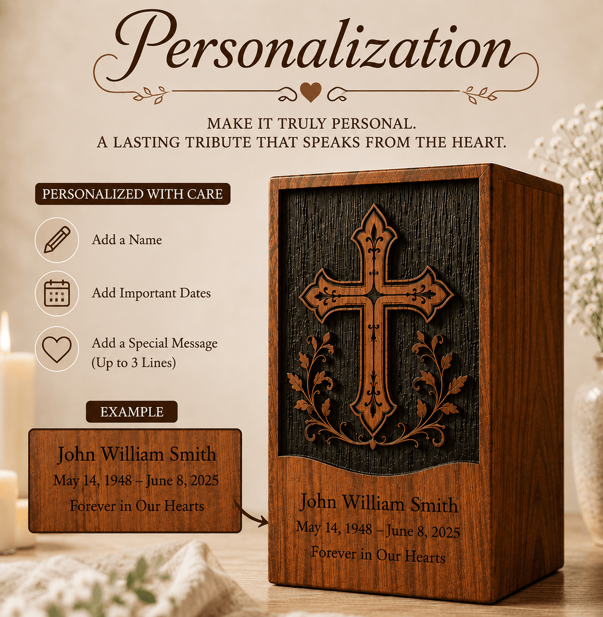 Personalized Cross Wooden Urn for Human Ashes – Adult & Keepsake