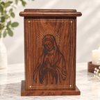 Personalized Catholic Cremation Wooden Urn Box for Human Ashes – Engraved Virgin Mary