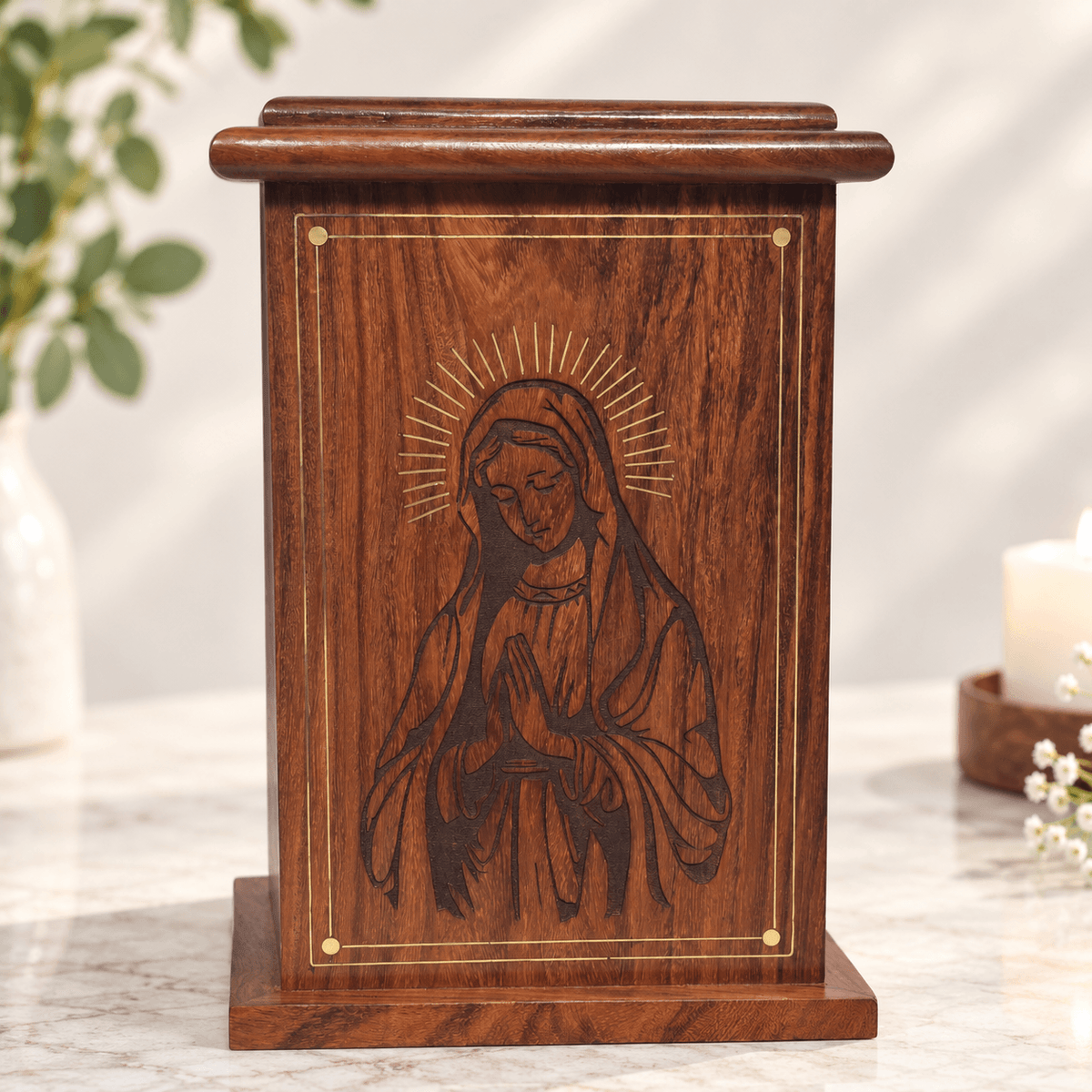Personalized Catholic Cremation Wooden Urn Box for Human Ashes – Engraved Virgin Mary