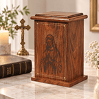 Personalized Catholic Cremation Wooden Urn Box for Human Ashes – Engraved Virgin Mary