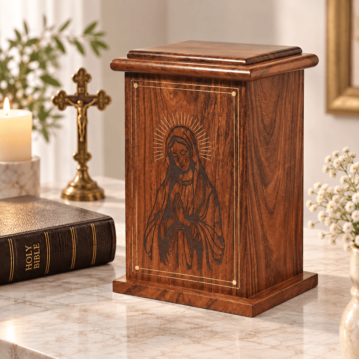 Personalized Catholic Cremation Wooden Urn Box for Human Ashes – Engraved Virgin Mary