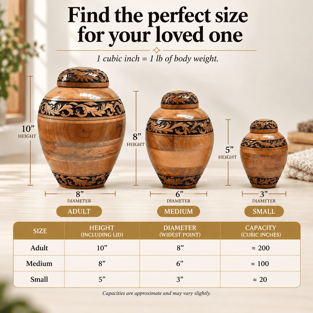 Hand-Carved Floral Wooden Cremation Urn for Human Ashes