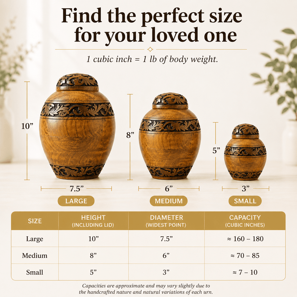Hand-Carved Floral Wooden Cremation Urn for Human Ashes – Adult & Keepsake Sizes