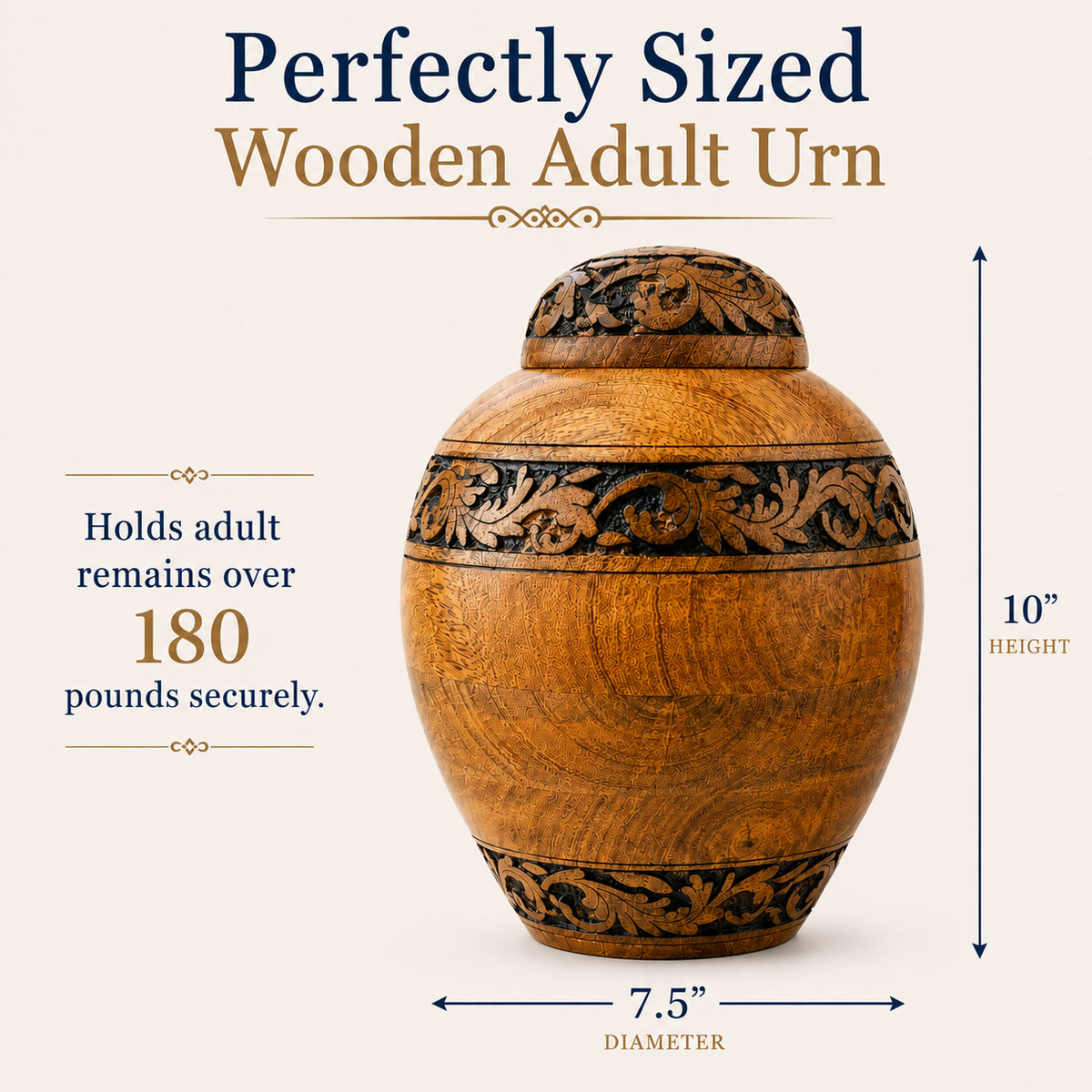 Hand-Carved Floral Wooden Cremation Urn for Human Ashes – Adult & Keepsake Sizes