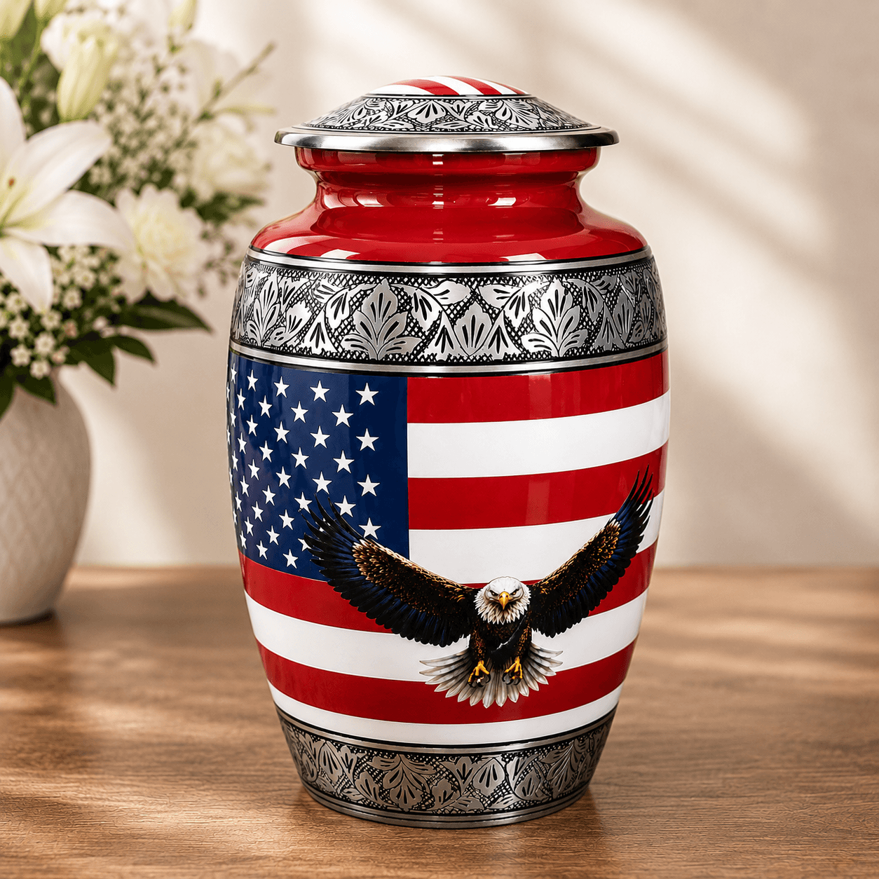Military Eagle Metal Cremation Urn for Human Ashes – American Flag Adult