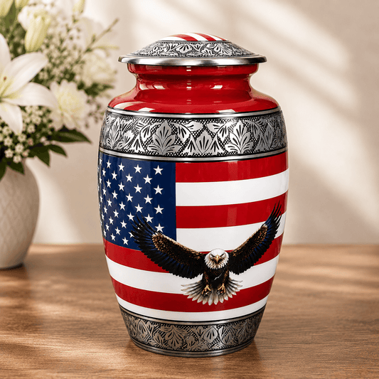 Military Eagle Metal Cremation Urn for Human Ashes – American Flag Adult