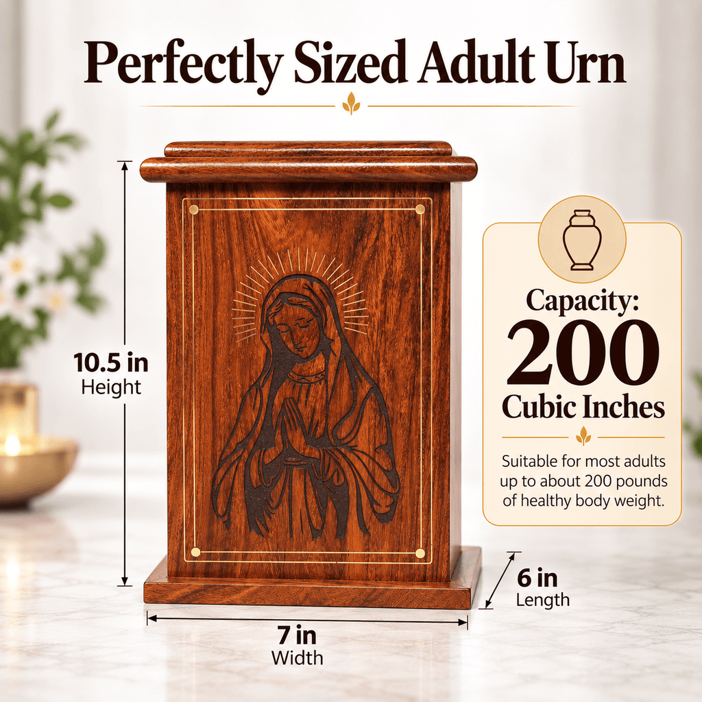 Personalized Catholic Cremation Wooden Urn Box for Human Ashes – Engraved Virgin Mary