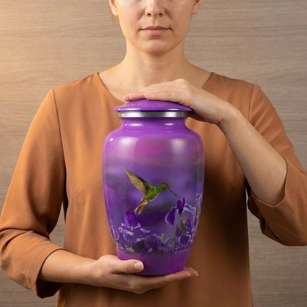 Person holding a purple urn with a hummingbird design against a plain background