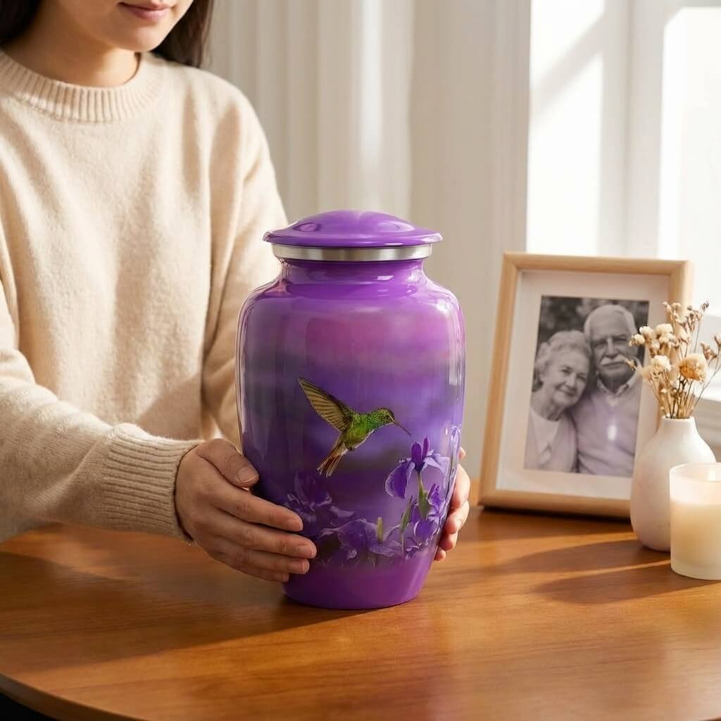 Person holding a purple urn with a hummingbird design on a wooden table.