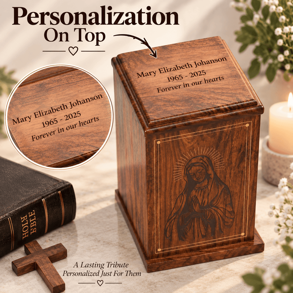 Personalized Catholic Cremation Wooden Urn Box for Human Ashes – Engraved Virgin Mary