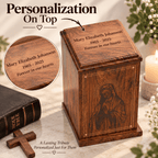 Personalized Catholic Cremation Wooden Urn Box for Human Ashes – Engraved Virgin Mary