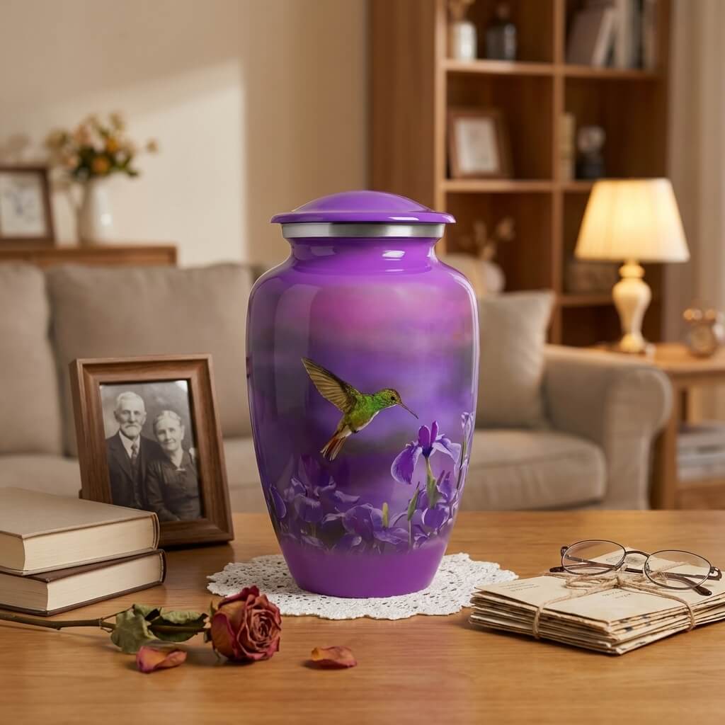 Purple urn with hummingbird design on a table in a living room setting