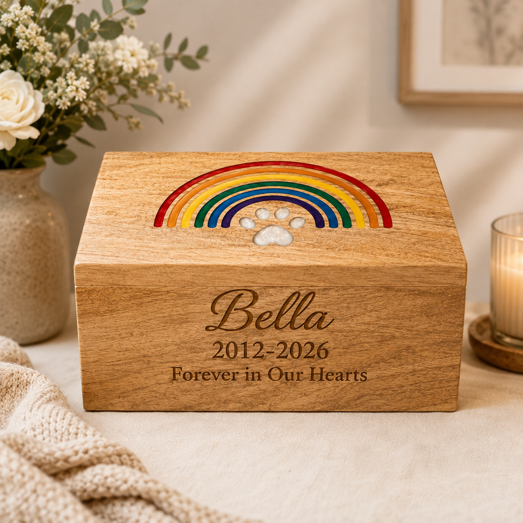Personalized Wooden Pet Urn for Dog & Cat – Rainbow Bridge, Adult & Keepsake