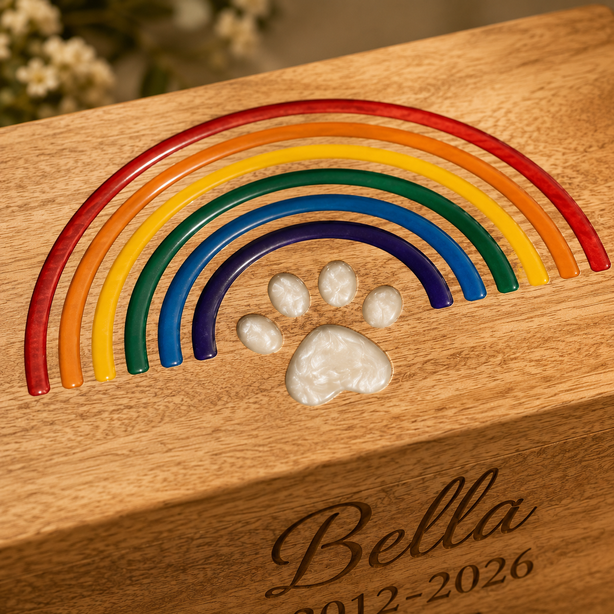 Personalized Wooden Pet Urn for Dog & Cat – Rainbow Bridge, Adult & Keepsake