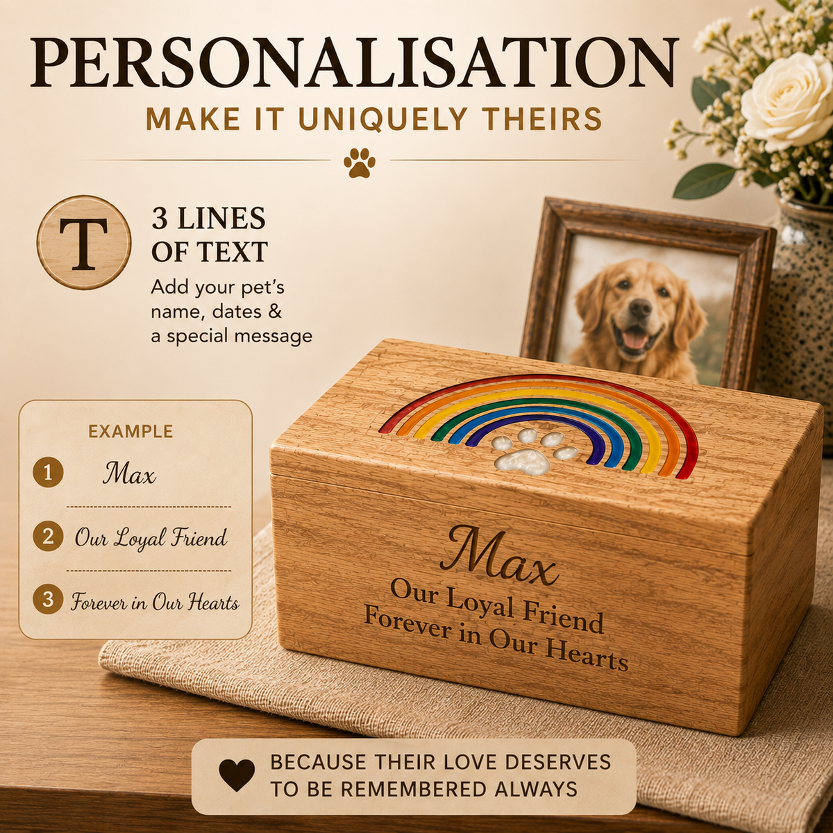 Personalized Wooden Pet Urn for Dog & Cat – Rainbow Bridge, Adult & Keepsake