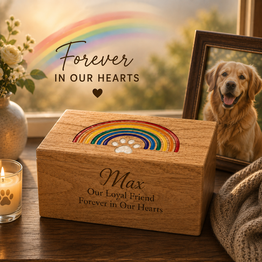Personalized Wooden Pet Urn for Dog & Cat – Rainbow Bridge, Adult & Keepsake