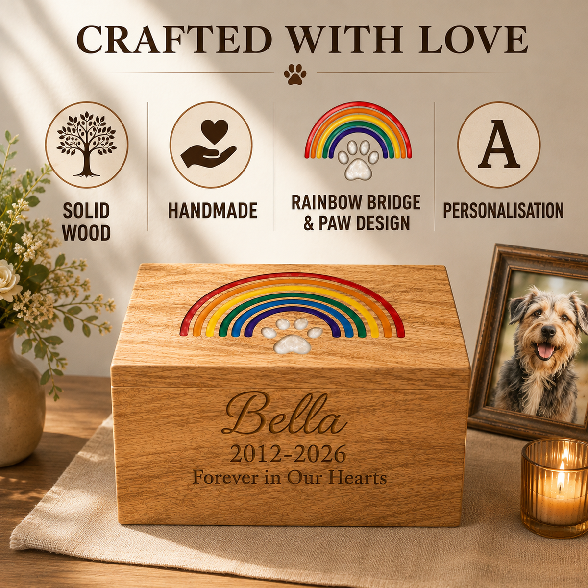 Personalized Wooden Pet Urn for Dog & Cat – Rainbow Bridge, Adult & Keepsake