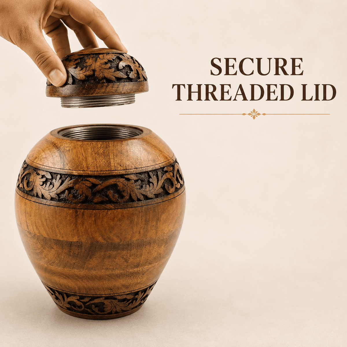 Hand-Carved Floral Wooden Cremation Urn for Human Ashes – Adult & Keepsake Sizes