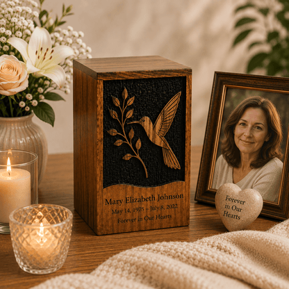 Personalized Hummingbird Rosewood Urn for Human Ashes – Adult & Keepsake