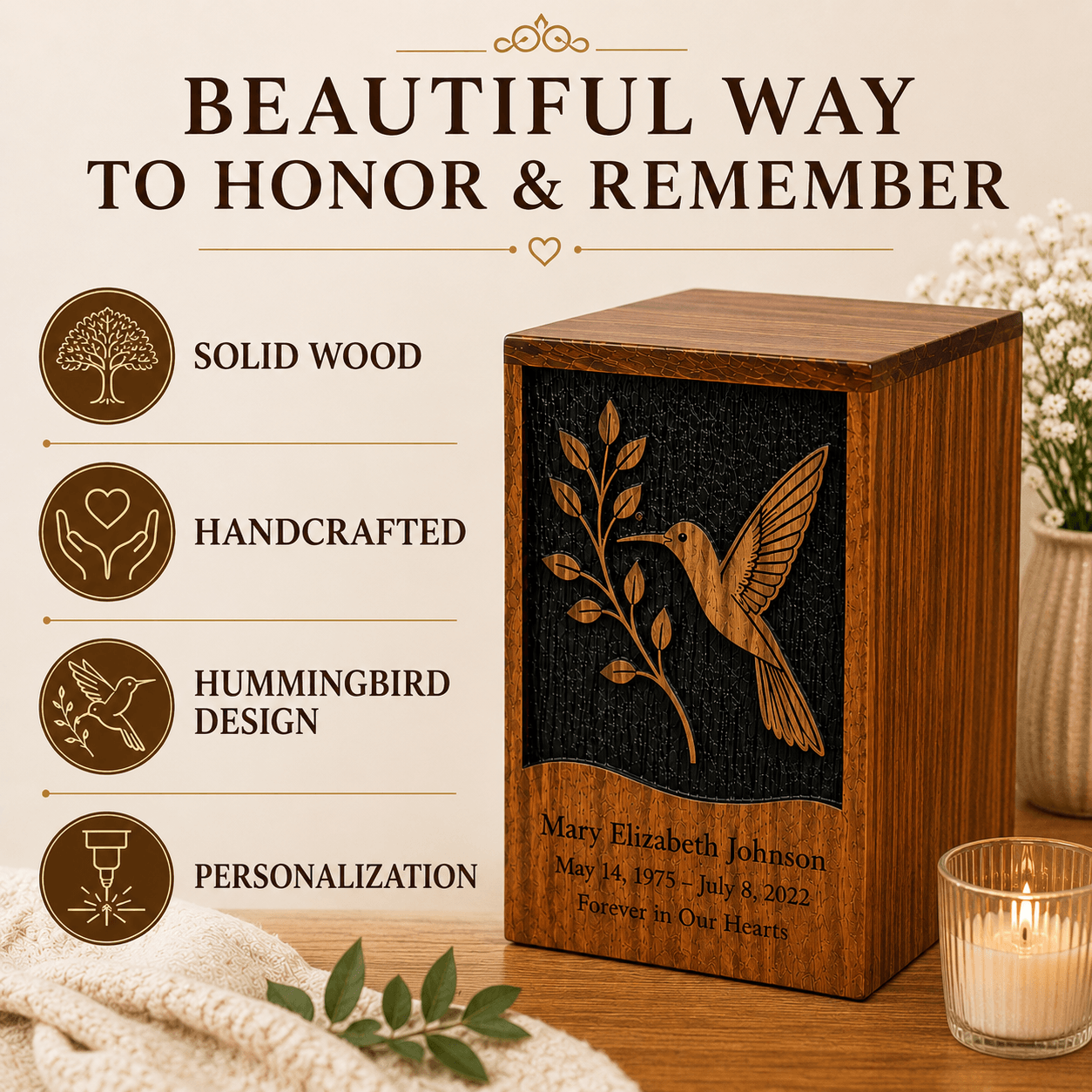 Personalized Hummingbird Rosewood Urn for Human Ashes – Adult & Keepsake