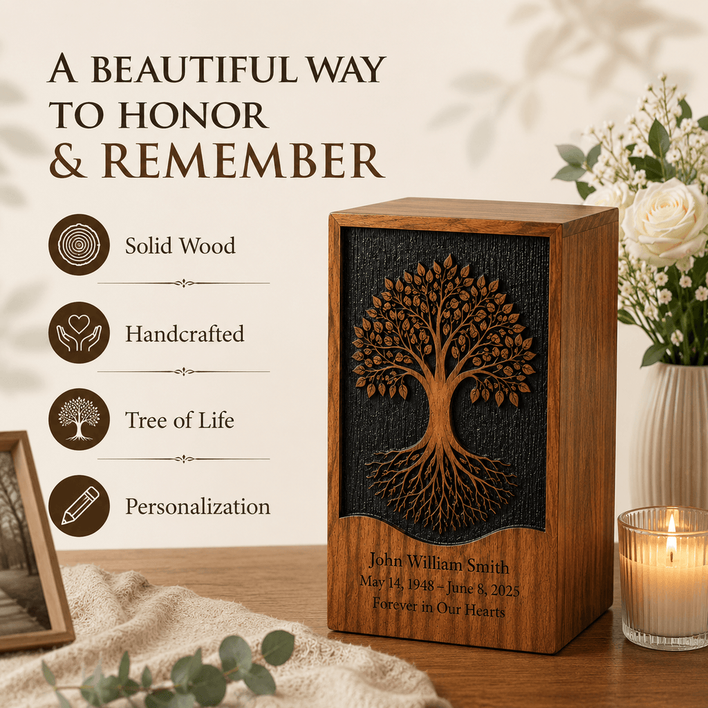 Personalized Tree of Life Rosewood Urn for Human Ashes