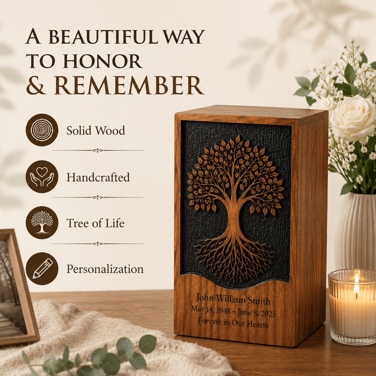 Personalized Tree of Life Rosewood Urn for Human Ashes – Adult & Keepsake