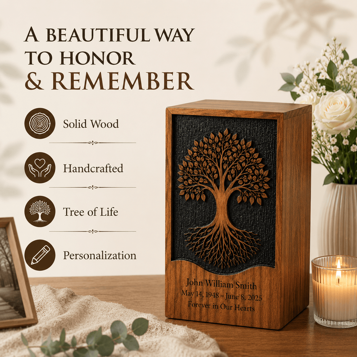 Personalized Tree of Life Rosewood Urn for Human Ashes – Adult & Keepsake