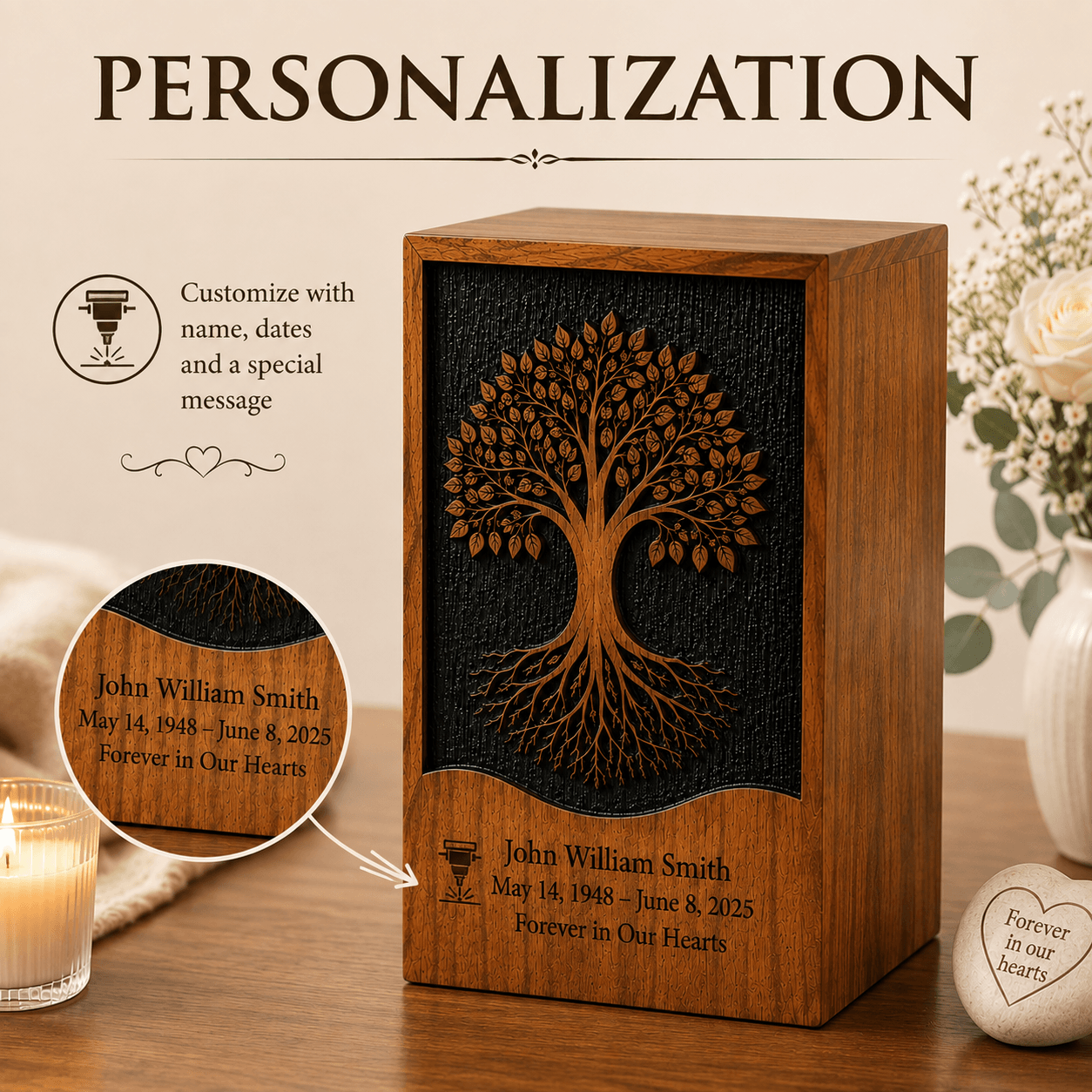 Personalized Tree of Life Rosewood Urn for Human Ashes – Adult & Keepsake