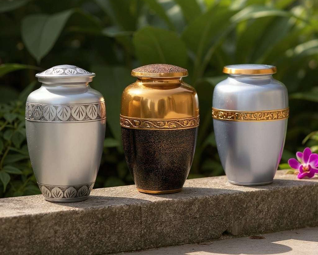 Three decorative urns on a stone ledge with a green leafy background