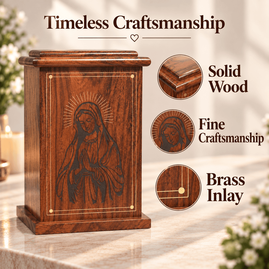 Personalized Catholic Cremation Wooden Urn Box for Human Ashes – Engraved Virgin Mary