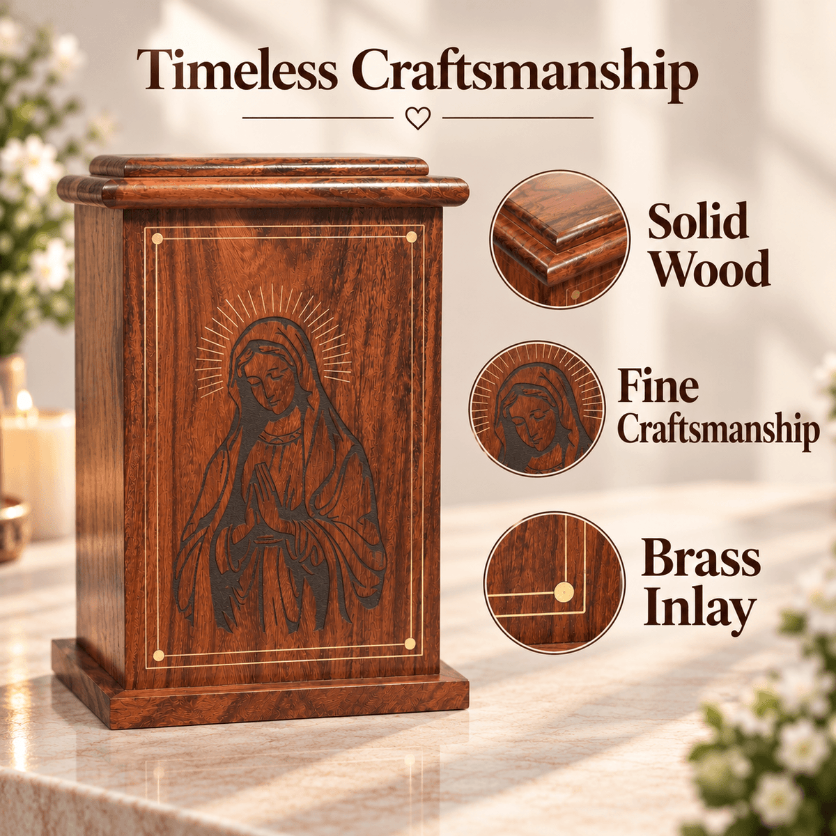 Personalized Catholic Cremation Wooden Urn Box for Human Ashes – Engraved Virgin Mary