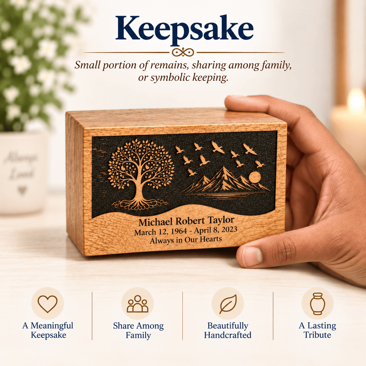 Personalized Tree of Life Engraved Wooden Urn for Human Ashes