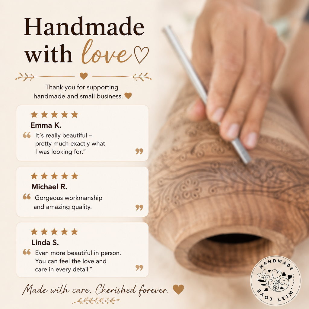 Hand-Carved Floral Wooden Cremation Urn for Human Ashes – Adult & Keepsake Sizes
