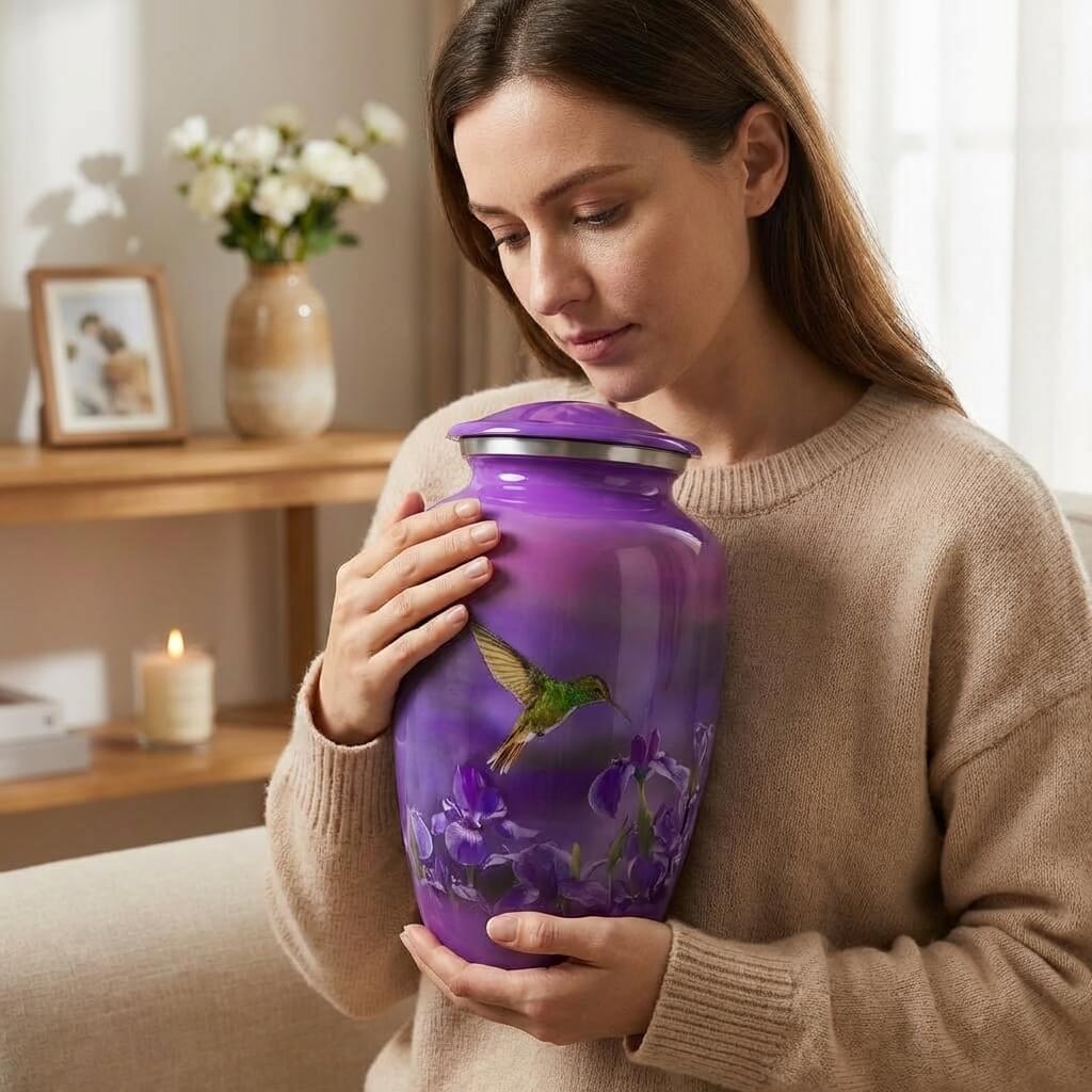 Woman holding a purple urn with a hummingbird design in a home setting.