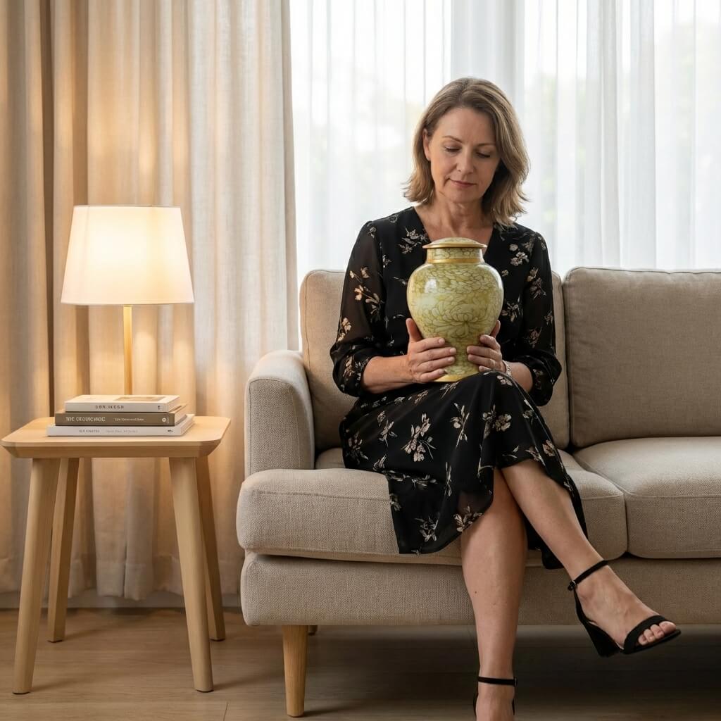 Woman sitting on a couch holding a decorative floral cremation urn