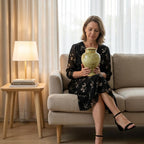 Woman sitting on a couch holding a decorative floral cremation urn