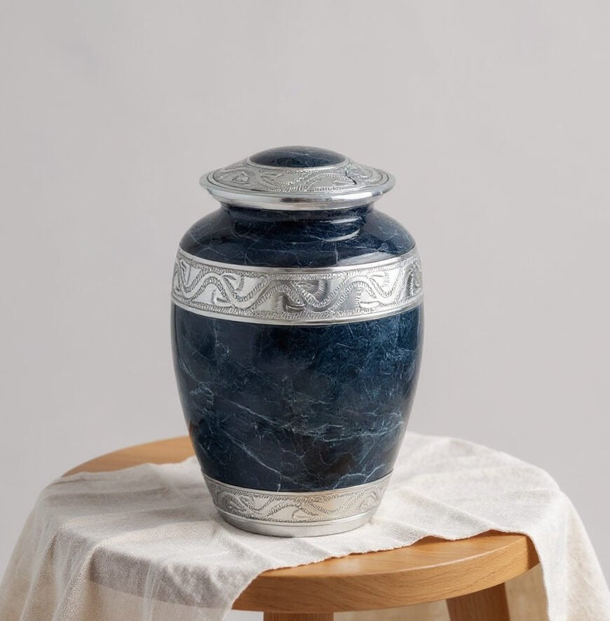 Elegant Gray Marble Cremation Urn with Silver Detailing – Adult Memorial Urn image 0