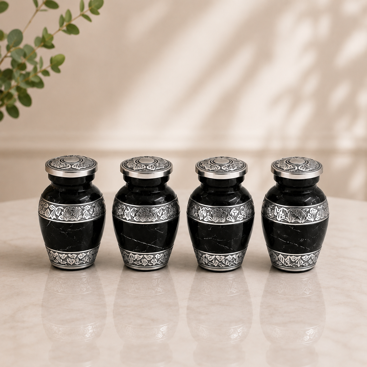 Cremation Urn for Human Ashes – Black Marble-Finish Metal, Adult & Keepsake
