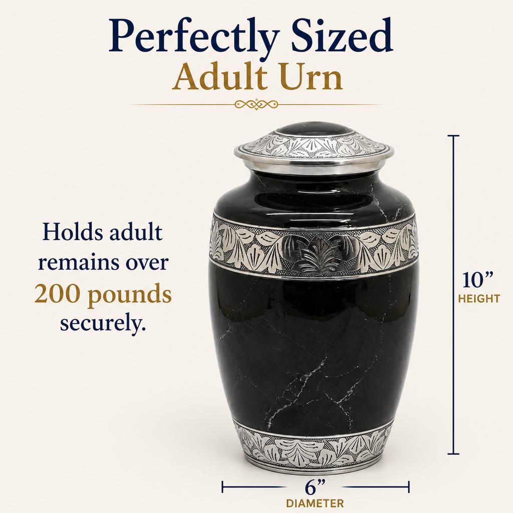 Cremation Urn for Human Ashes – Black Marble-Finish Metal, Adult & Keepsake