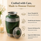 A green marbled urn with silver-toned metal bands and a matching lid leaning beside it on a tabletop. The scene includes marketing text and feature callouts about the secure threaded lid, durable recycled aluminum, felt bottom pad, and engraved craftsmanship.