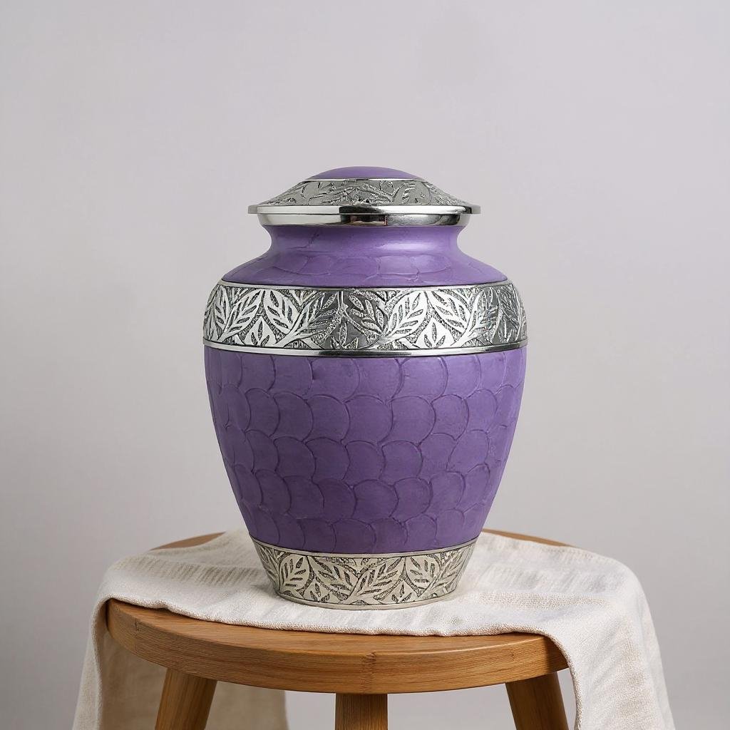 Purple Cremation Urn with Silver Leaf Accents image 0