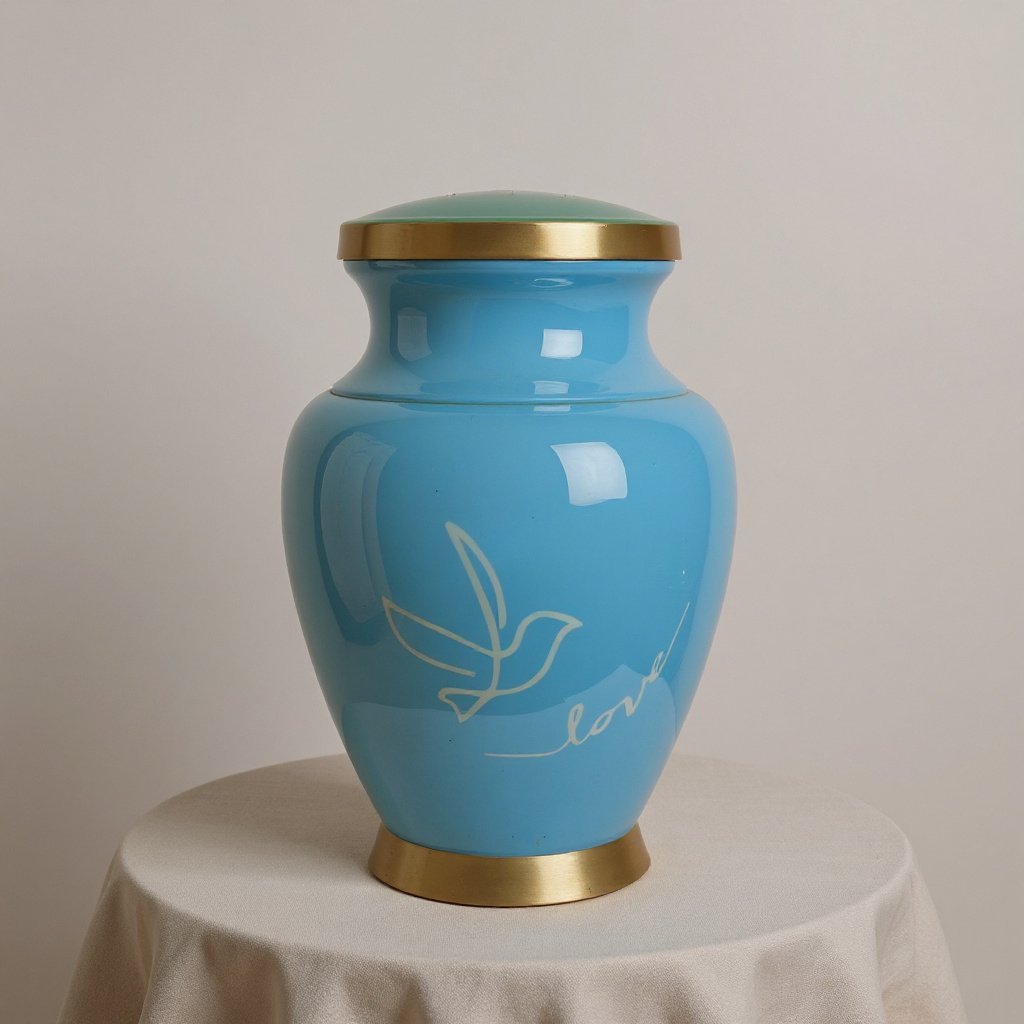Blue Urn with White Dove – Gold Accents Cremation Vase 11-Inch image 0