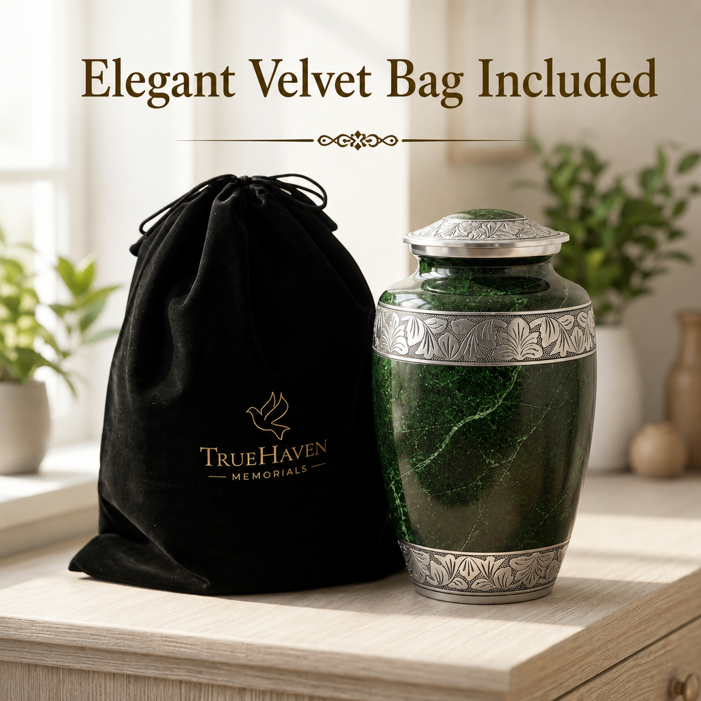 A green marbled memorial urn with silver-toned metal bands and lid, shown beside a black velvet drawstring bag printed with the TrueHaven Memorials logo. The scene is styled on a light wood surface with soft-focus plants and warm indoor lighting.