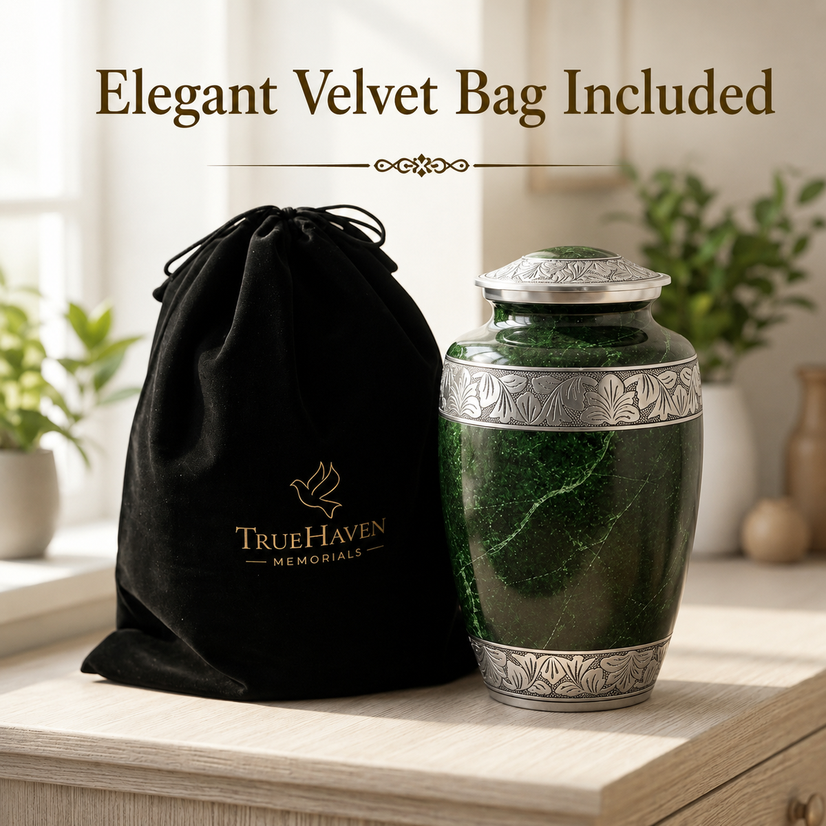 A green marbled memorial urn with silver-toned metal bands and lid, shown beside a black velvet drawstring bag printed with the TrueHaven Memorials logo. The scene is styled on a light wood surface with soft-focus plants and warm indoor lighting.