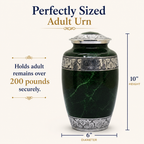 A dark green polished urn with silver floral bands and lid, shown with measurement labels indicating 10-inch height and 6-inch diameter, on a light beige background with promotional text.