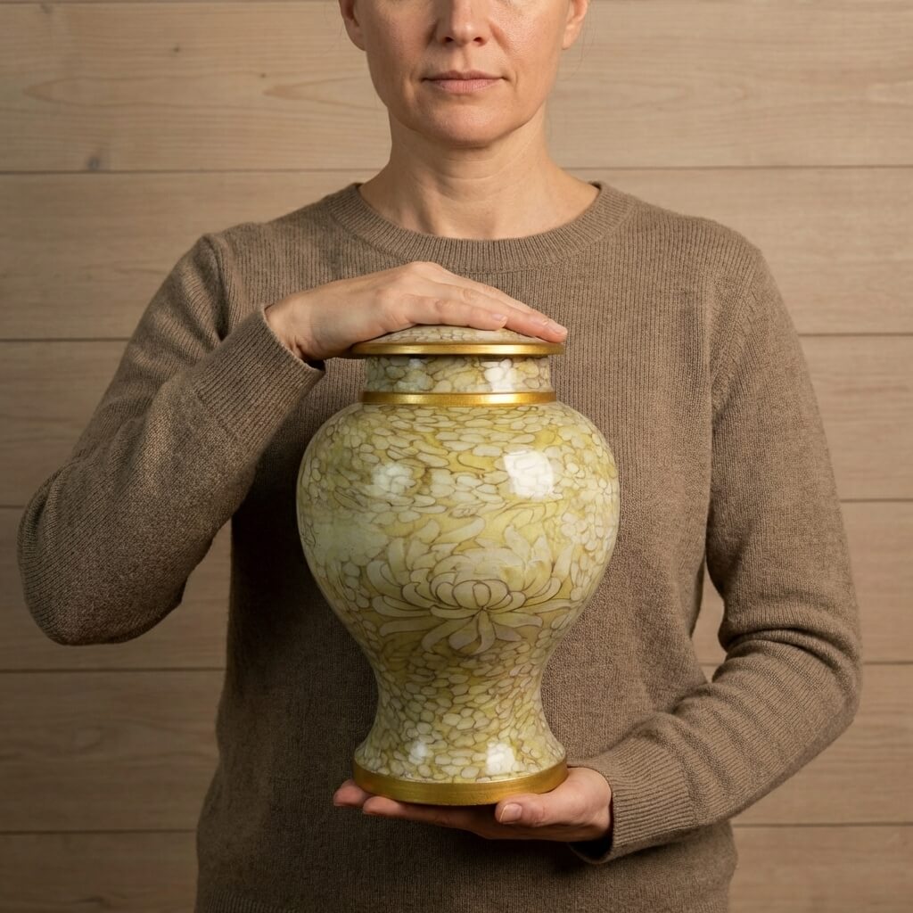 holding a decorative floral cremation urn